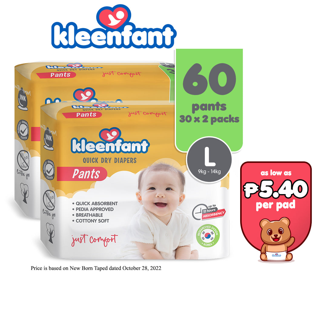 Kleenfant Diaper for Baby Pants Pull Up Large Pack of 2, 60 pad Baby Needs Disposable Korean Diaper