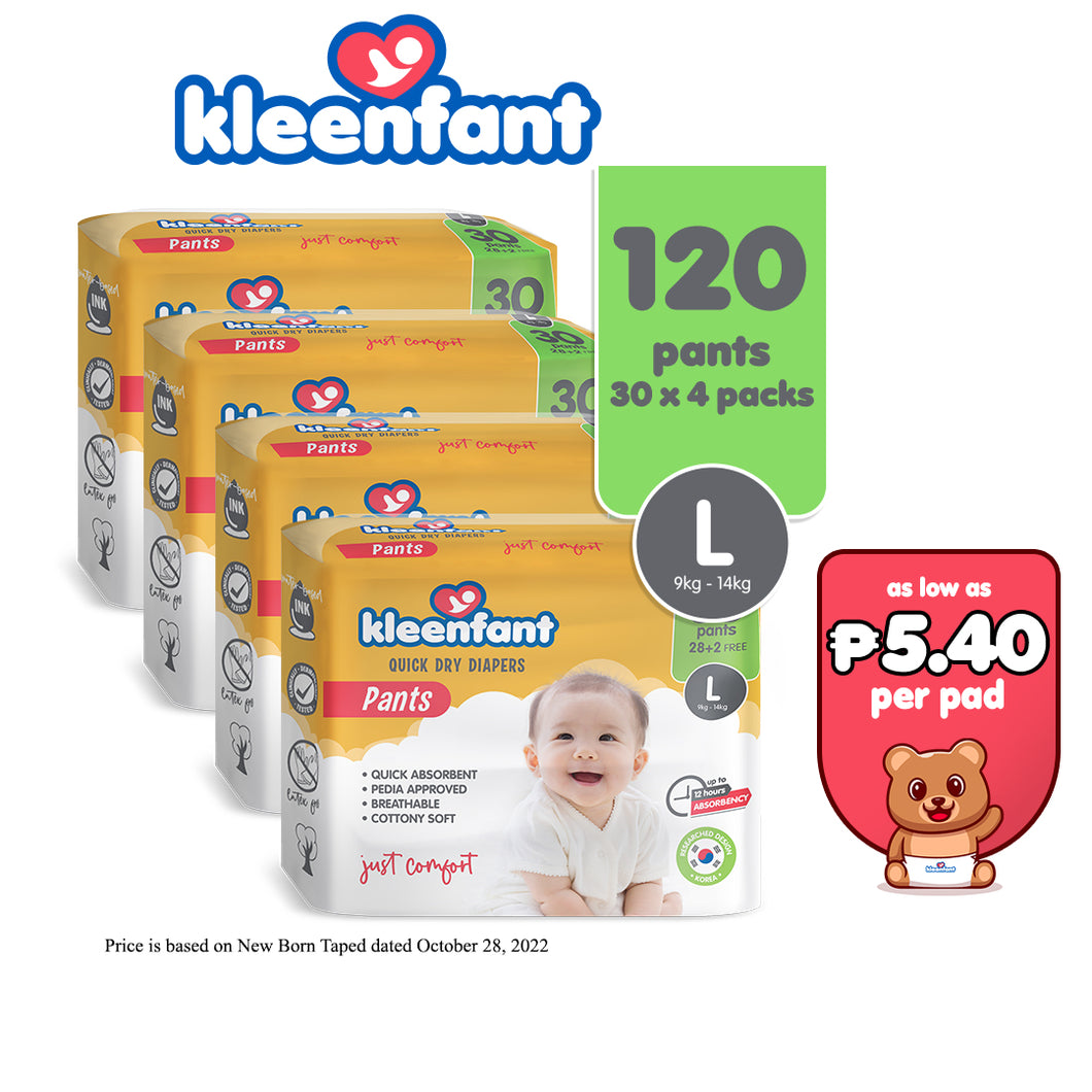 Kleenfant Diaper for Baby Pants Pull Up Large Pack of 4, 120 pad Baby Needs Disposable Korean Diaper