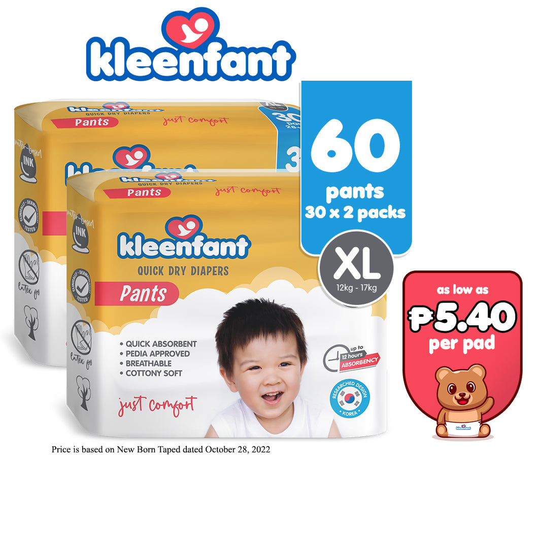 Kleenfant Diaper for Baby Pants Pull Up XL Pack of 2, 60 pad Baby Needs Disposable Korean Diaper