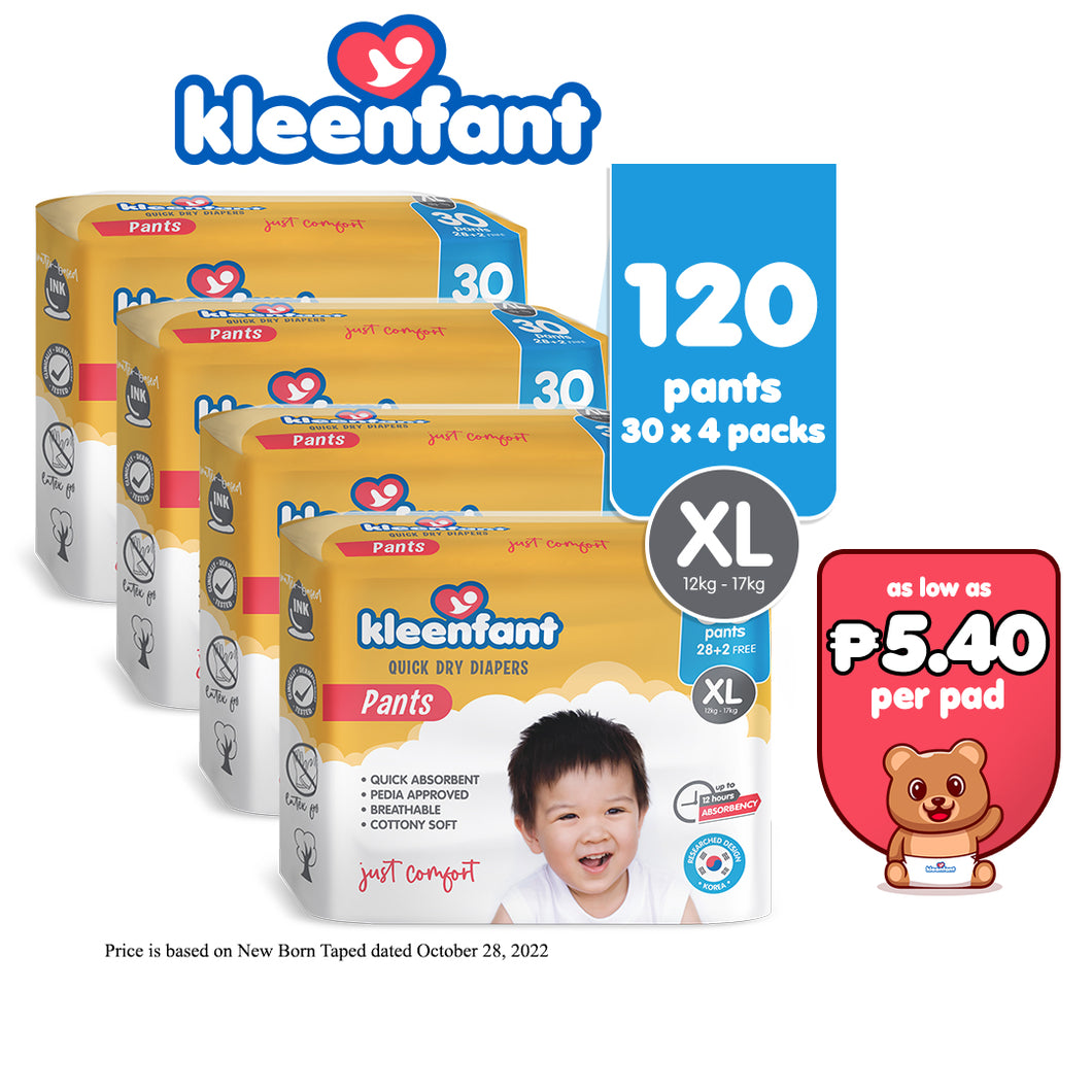 Kleenfant Diaper for Baby Pants Pull Up XL Pack of 4, 120 pad Baby Needs Disposable Korean Diaper
