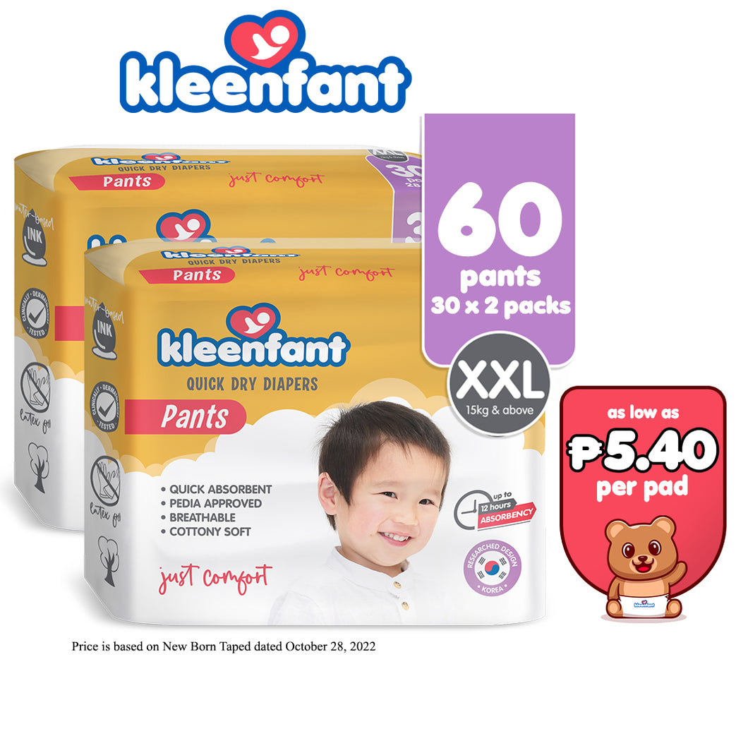 Kleenfant Diaper for Baby Pants Pull Up XXL Pack of 2, 60 pad Baby Needs Disposable Korean Diaper