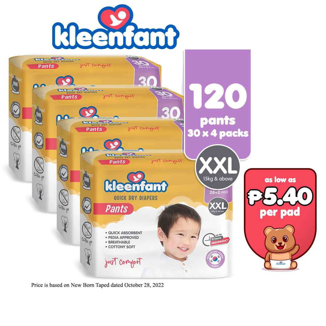 Kleenfant Diaper for Baby Pants Pull Up XXL Pack of 4, 120 pad Baby Needs Disposable Korean Diaper