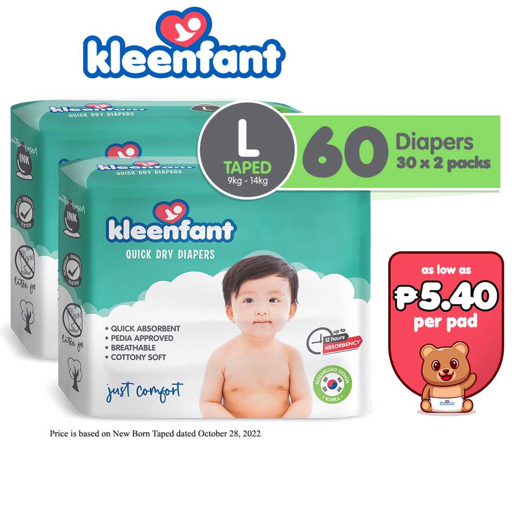 Kleenfant Diaper for Baby Taped Large Pack of 2, 60 pad Baby Needs Disposable Korean Diaper Babies