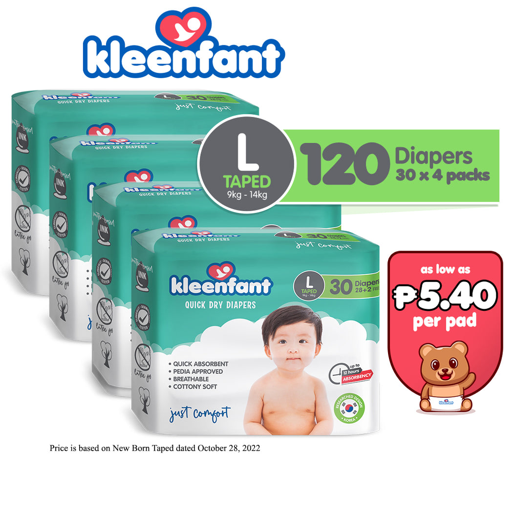 Kleenfant Diaper for Baby Taped Large Pack of 4, 120 pad Baby Needs Disposable Korean Diaper Babies