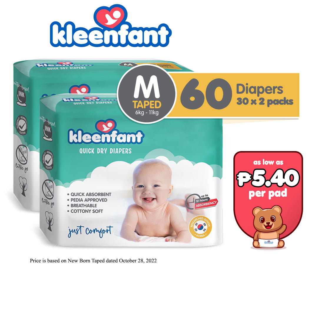 Kleenfant Diaper for Baby Taped Medium Pack of 2, 60 pad Baby Needs Disposable Korean Diaper Babies