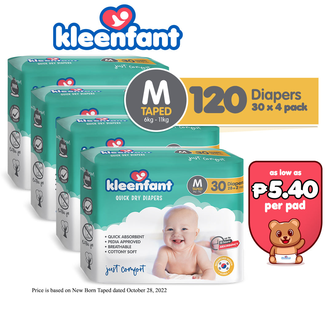 Kleenfant Diaper for Baby Taped Medium Pack of 4, 120 pad Baby Needs Disposable Korean Diaper Babies