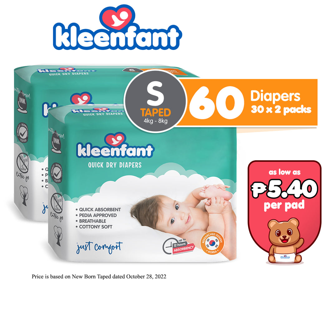 Kleenfant Diaper for Baby Taped Small Pack of 2, 60 pad Baby Needs Korean Diaper New Born Babies