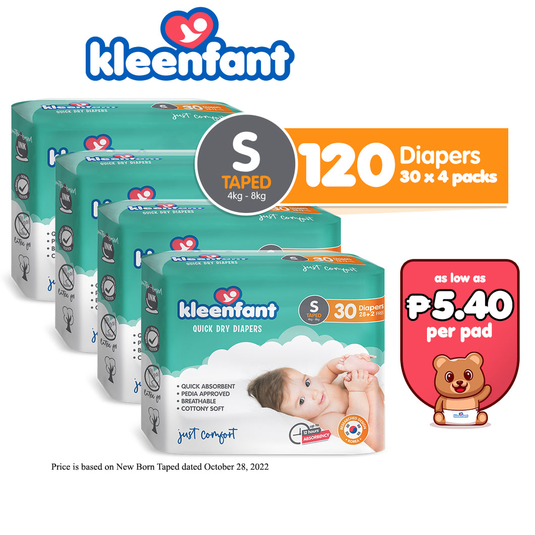 Kleenfant Diaper for Baby Taped Small Pack of 4, 120 pad Baby Needs Korean Diaper New Born Babies