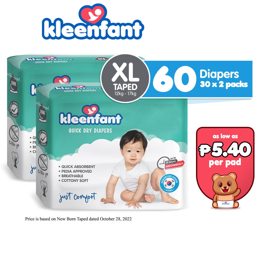 Kleenfant Diaper for Baby Taped XL Pack of 2, 60 pad Baby Needs Disposable Korean Diaper Babies
