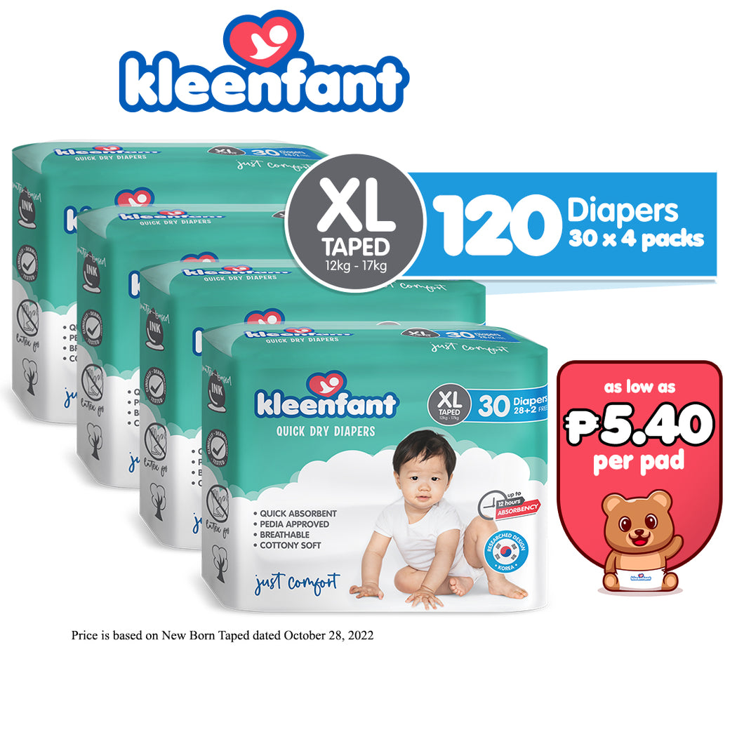 Kleenfant Diaper for Baby Taped XL Pack of 4, 120 pad Baby Needs Disposable Korean Diaper Babies