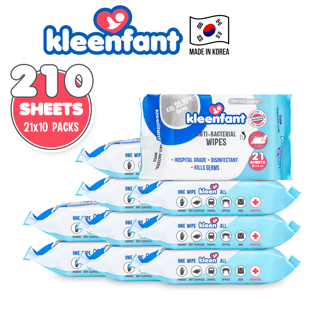 Kleenfant Fresh Scent Anti-bacterial Cleansing Wipes 21 sheets Pack of 10 Disinfecting Wipes