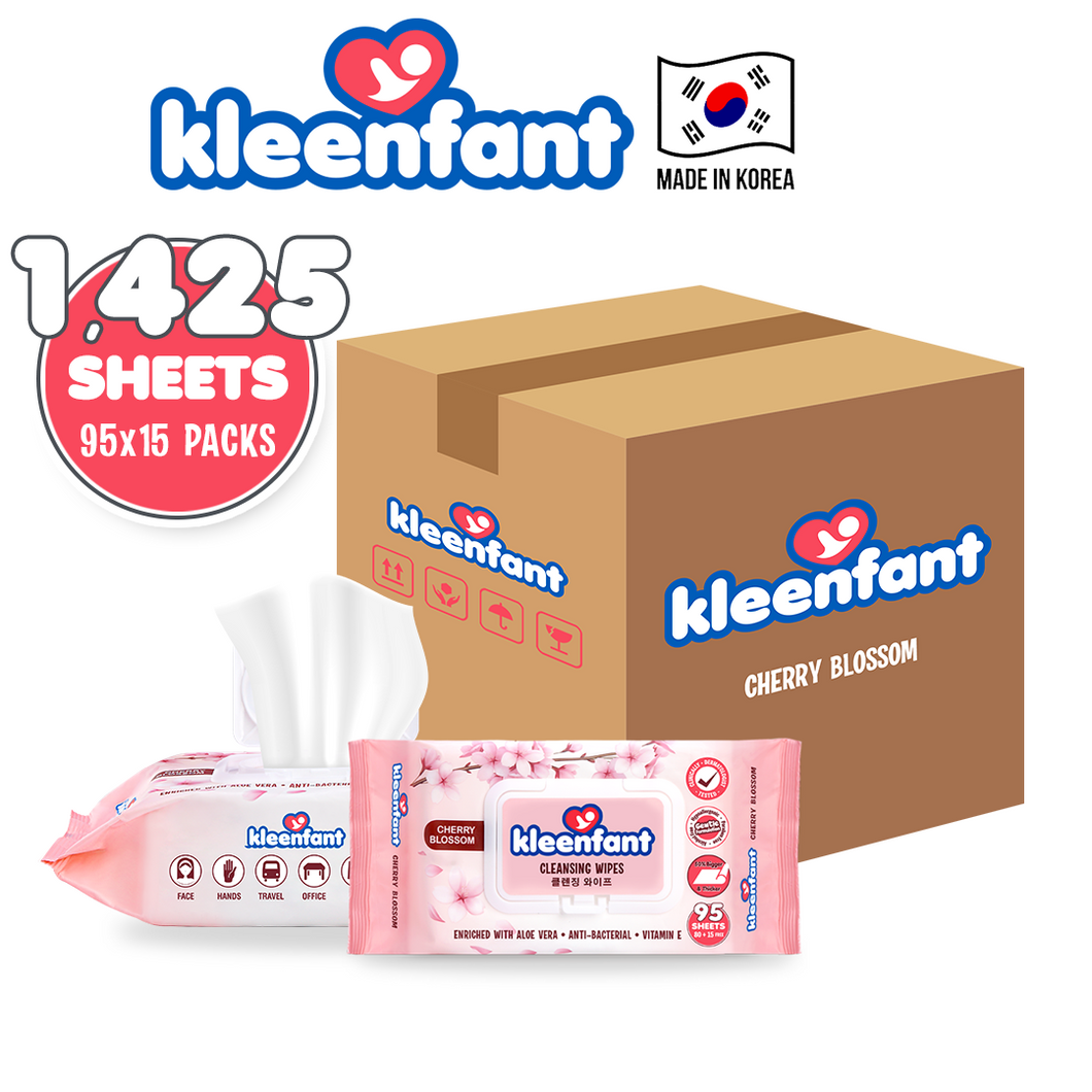 Kleenfant Cherry Blossom Cleansing Wipes 95 Sheets Pack of 15